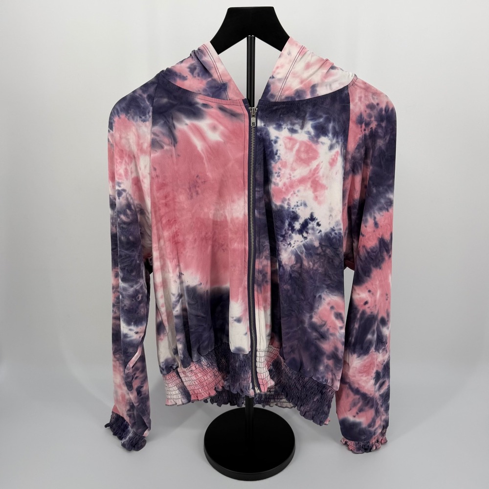 Planet Gold Zip Hoodie Womens 1X Pink Purple NWT Tie Dye Smocked Hem